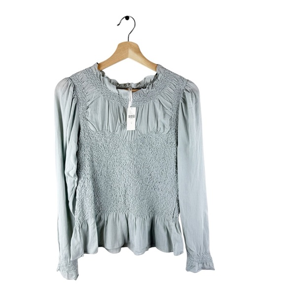 By Anthropologie Balloon-Sleeve Smocked Peplum Blouse Top Long Sleeve - Picture 2 of 8